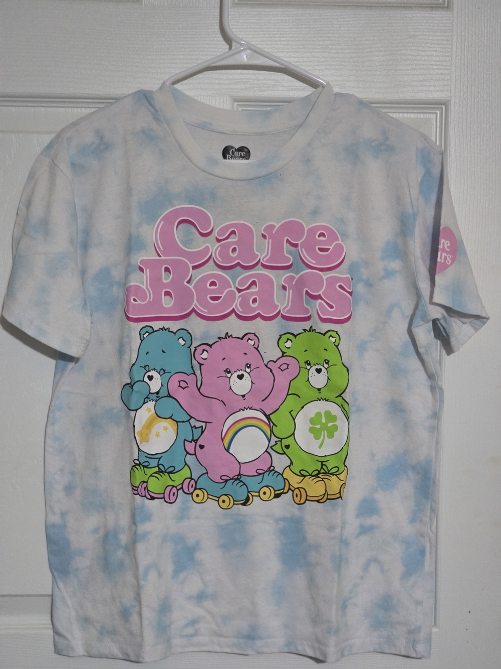 Care Bears White Blue Tie-Dye Short Sleeve Tee with Pink Logo